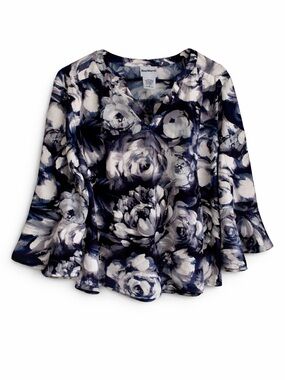 BonWorth Floral Blouse Bell Sleeve Navy White Top Size L NWT